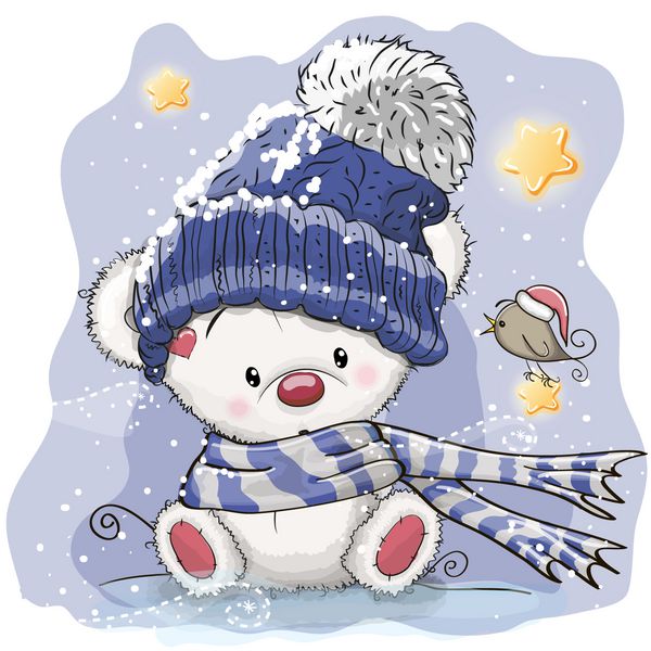کارت کریسمس کارتون زیبا کارتون خرس قطبی در کلاه و پرنده