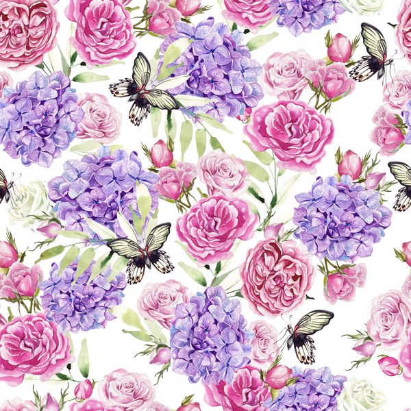 الگوی زیبا آبرنگ رمانتیک زیبا با گلهای رز و آبی پروانه ها و برگ های سبز تصویر