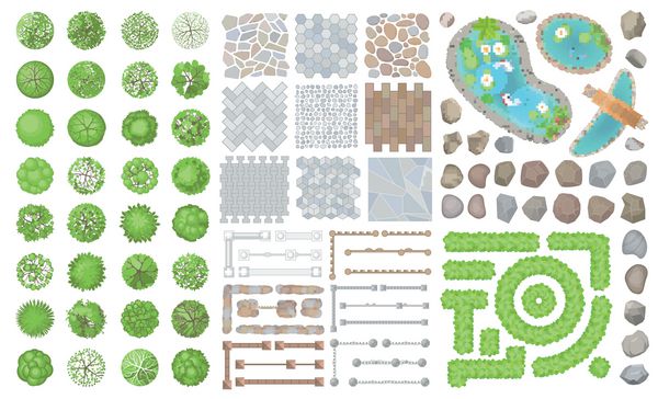 مجموعه عناصر پارک نمای برتر مجموعه ای برای طراحی منظر نقشه نقشه ها نمایی از بالا نرده ها مسیرها سنگ ها حوضچه ها و درختان