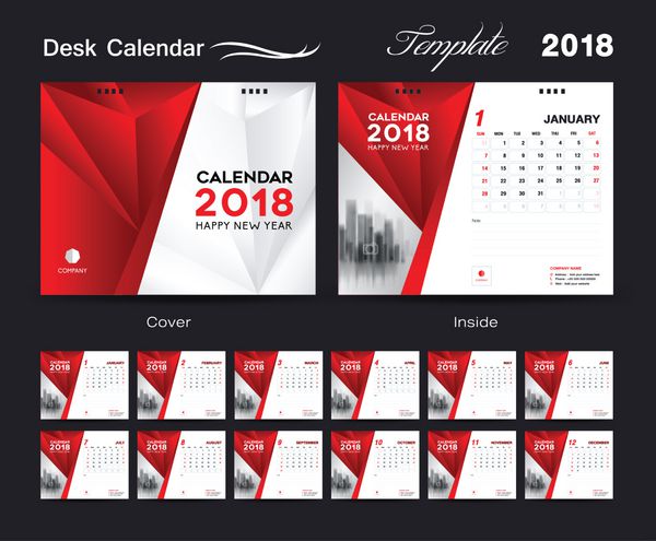 تنظیم قالب میز تقویم 2018 طرح قرمز مجموعه 12 ماهه هفته شروع یکشنبه