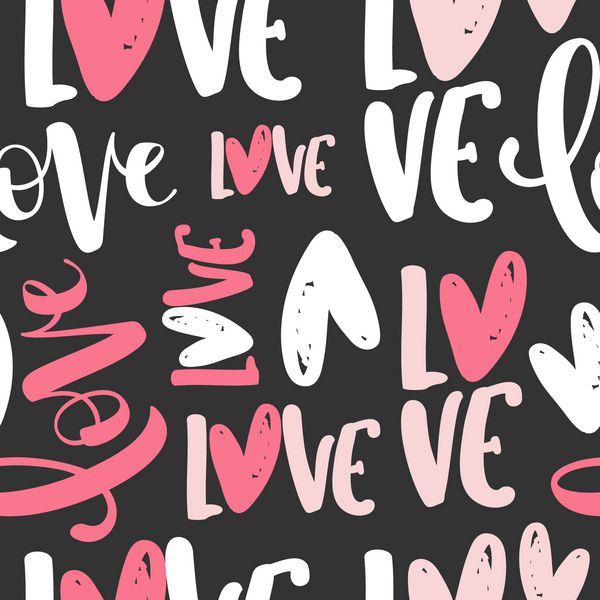 الگوی یکپارچه با کلمات عشق قلب تصویر جوهر وکتور حروف نوشتاری