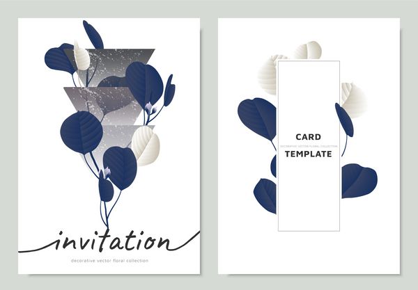 طراحی قالب کارت دعوت برگهای اکالیپتوس نقره ای آبی و سفید با شکل مثلث