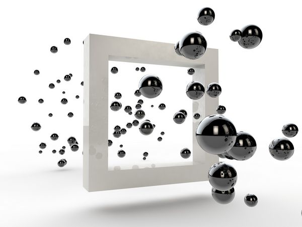 تصویر بسیاری از ذرات عناصر توپ سیاه که از طریق مربع به رنگ سفید پرواز می کنند ایده نفوذ است دروازه های زمان تصویر انتزاعی در زمینه سفید رندر سه بعدی