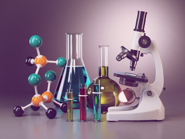 میکروسکوپ با فلاسک ویال و مدل مولکول شیمی یا ابزار آزمایشگاهی دارویی پزشکی تصویر سه بعدی