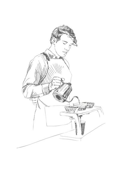 مرد جوان باریستا تصویر برداری به سبک مداد طرح خطی یک مرد در یک نوار قهوه مفهوم قهوه مفهوم رستوران