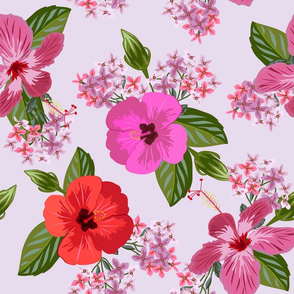 الگوی پرنعمت یکپارچه با گلهای گیاه هیبیسک پس زمینه گل دستباف برای منسوجات پوشش کاغذ دیواری بسته بندی هدیه چاپ طراحی عاشقانه برای کپی calicoRaster