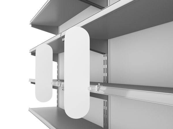 مجموعه قفسه های سوپر مارکت با پرچم یا قفسه قفل رندر سه بعدی