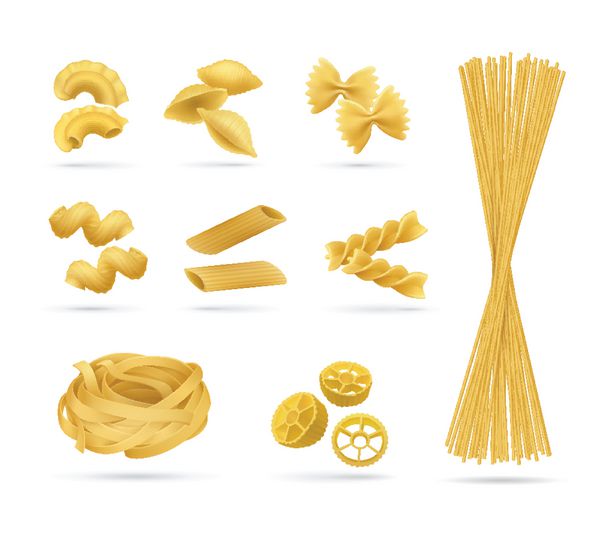 مجموعه ماکارونی سبک واقعی تصویر برداری انواع مختلف ماکارونی غذاهای ایتالیایی محصولات آرد گندم