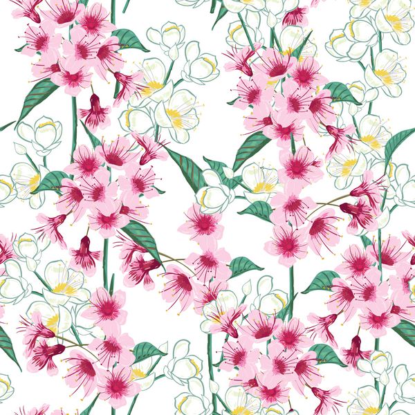 الگوی پس زمینه بدون درز از شکوفه صورتی صورتی یا گیلاس گلدار ژاپنی نمادی از بهار در قالب مربع آرایش تصادفی مناسب برای پارچه مد در زمینه سفید