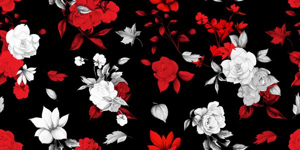 الگوی بدون درز گسترده ای ماگنولیا با برگ و گل گل صد تومانی در زمینه سیاه و قرمز چکیده دستی کشیده شده وکتور سهام