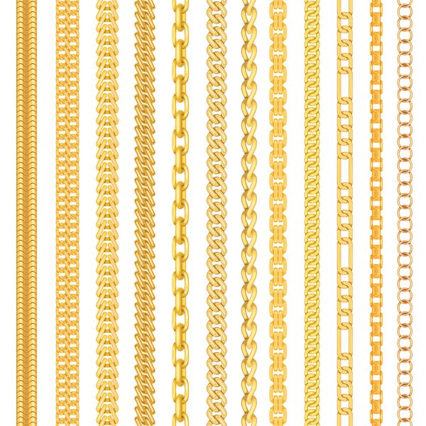 مجموعه ای از زنجیره های طلای بدون درز و مختلف که بر روی زمینه سفید جدا شده اند تصویر برداری