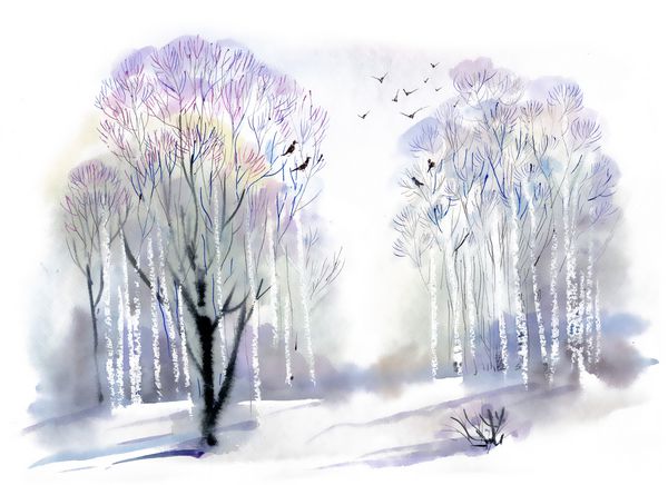 آبرنگ زمستان جنگل چشم انداز تصویر کشیده شده دست
