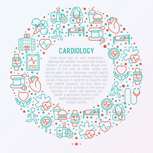 مفهوم قلب و عروق در دایره با آیکون های خط باریک تنظیم شده قلب و عروق جراحی قلب بیمارستان پالسومتر قلب و عروق ضربان قلب تصویر برداری مدرن برای بنر صفحه وب رسانه های چاپی