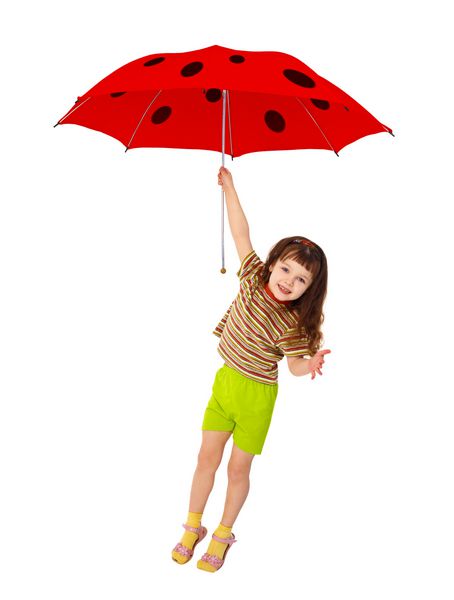 دخترک در حال پرواز بر روی چتر است لباسی که در زمینه سفید جدا شده است