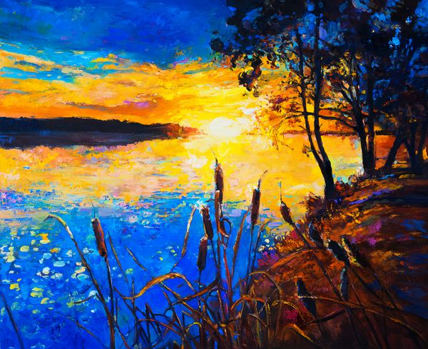 نقاشی اصلی روغن روی بوم غروب خورشید بر فراز دریاچه هنر مدرن