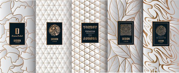 مجموعه عناصر طراحی برچسب ها آیکون فریم برای بسته بندی طراحی محصولات لوکس ساخته شده با فویل طلایی بر روی زمینه نقره ای جدا شده تصویر برداری