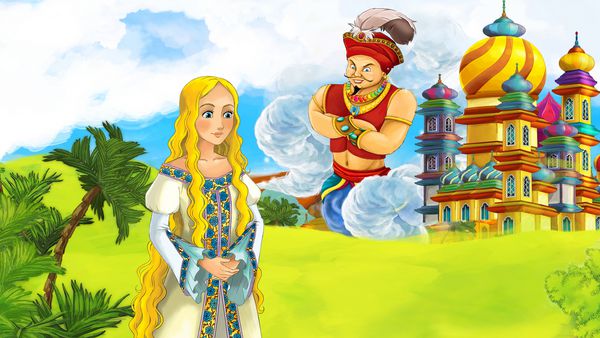 صحنه افسانه کارتونی با شاهزاده خانم زیبا در نزدیکی قلعه بزرگ و تصویر جادوگر غول پیکر پرواز برای کودکان
