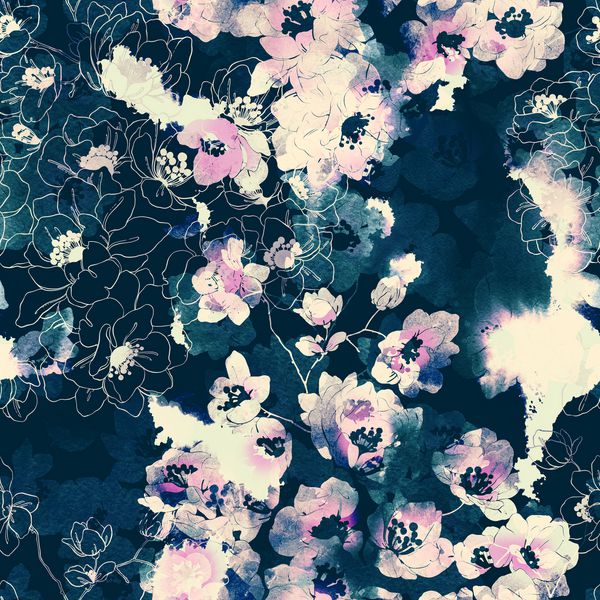 گلهای گیلاس ظریف را الگوی بدون درز مخلوط می کند آبرنگ انتزاعی و تصویر کشیده شده دیجیتال کارهای هنری مخلوط رسانه ای برای منسوجات پارچه ها سوغات بسته بندی و کارت های تبریک