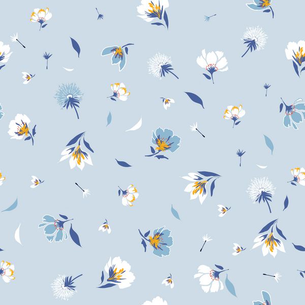 الگوی گل شکوفه در نقوش گیاه شناسی شکوفا به صورت تصادفی پراکنده بافت بردار بدون درز برای چاپ مد چاپ با پس زمینه آبی روشن به سبک کشیده شده