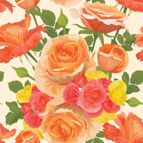 الگوی یکپارچه با گلهای رز زیبا به رنگ نارنجی و گل بگونیا در زمینه زرد وکتور مجموعه گل شکوفه برای دعوت عروسی و طراحی کارت پستال