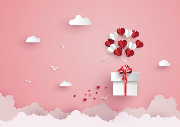 تصویر عشق و روز بادکنک شکل قلب جعبه هدیه را شناور در skypaper art و سبک هنر و صنعت دیجیتال می کند