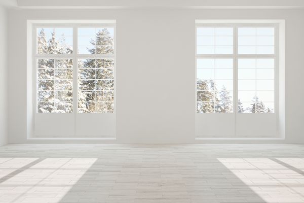 اتاق خالی سفید با چشم انداز زمستانی در پنجره طراحی داخلی اسکاندیناوی تصویر سه بعدی