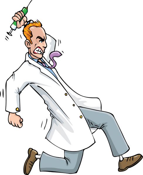 کارتون پزشک روانی که با سرنگ در حال دویدن است جدا شده