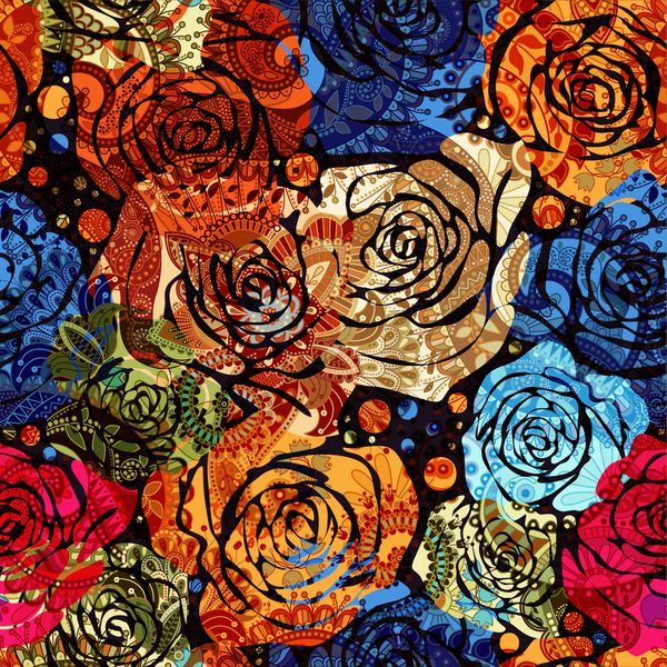 الگوی گل روشن با گلهای گل رز تصویر برداری با گل های کشیده شده با دست
