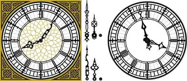 ساعت قدیمی عتیقه وکتور با شماره های مربع طلایی زرهی رومی با شماره های شماره گیری با شماره سبک و دست های ساعت مجموعه ای از دست ساعتهای عتیقه مجموعه وکتور برج ساعت سبک بیگ بن ساعت بردار Gothic Vintage