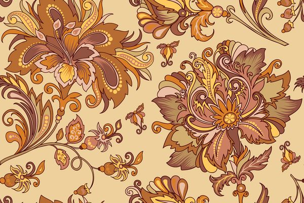 دکوراسیون زیبا و بدون درز زیبا با گلهای طلایی تزئینی پاستیل در زمینه قهوه جهت طراحی تزئینات پرنعمت در تنهای گرم با گلهای انتزاعی غنی در سبک شرقی