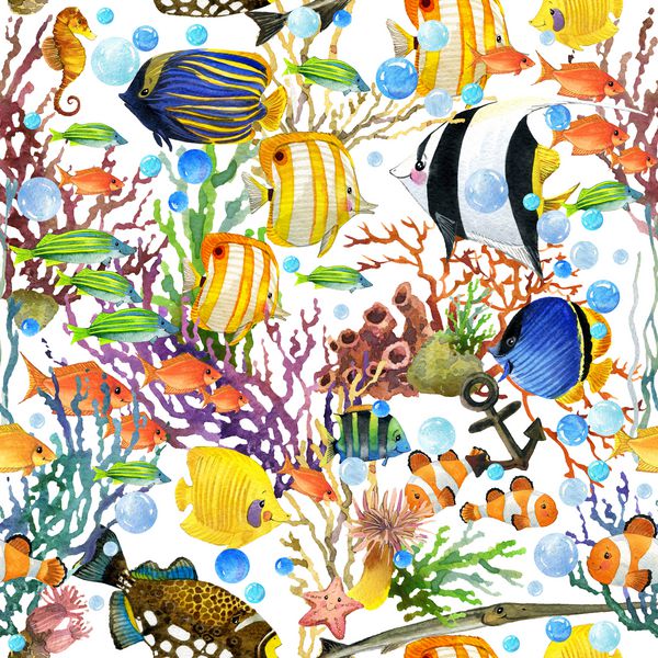 الگوی بدون درز ماهی های دریایی گرمسیری آبرنگ پس زمینه جهان زیر آب تصویر صخره مرجانی