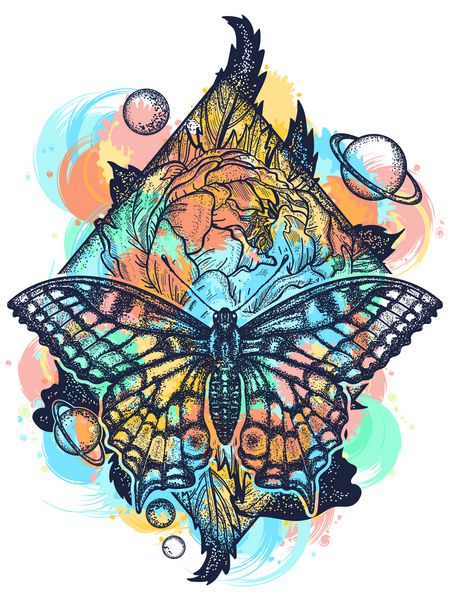 پروانه گل رز و کوبی رنگی جهان سبک هندسی طراحی تی شرت زیبا Swallowtail boho سمبل عرفانی آزادی طبیعت گردشگری