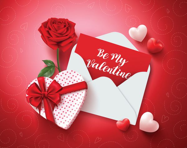 طرح وکتور کارت تبریک من با نامه عشق گل رز و عناصر هدیه و قلب در زمینه قرمز برای روز ولنتاین باشید تصویر برداری