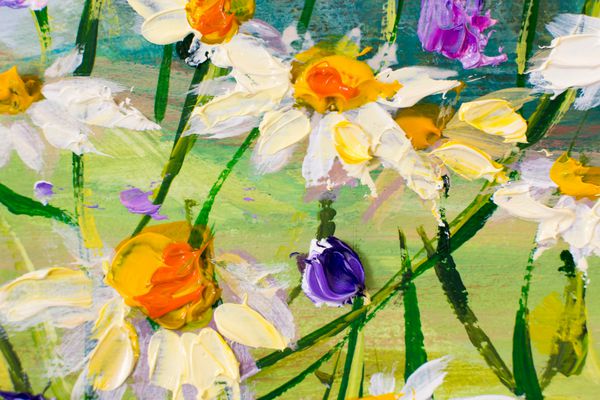 نقاشی روغنی گلهای گلهای سفید گلهای مزرعه ای زیبا روی بوم چاقوی پالت اثر هنری Impasto دست نقاشی شده اثر هنری گل