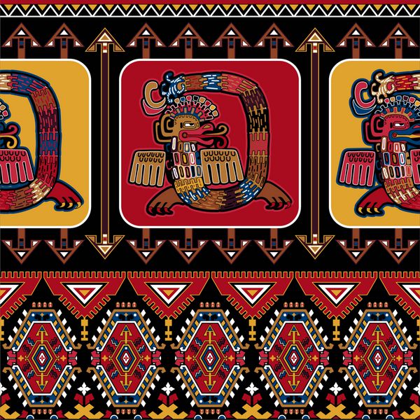 تصویر زمینه وکتور بدون درز Aztec الگوی زینتی مکزیکی کاغذ دیواری رنگارنگ با موجودات اسطوره ای زمینه هندسی چند رنگی روشن الگوی سرخپوستان سیاه و قرمز سرخپوستان