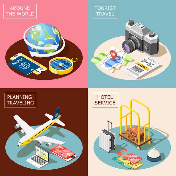 سفر مفهوم طراحی 2x2 با برنامه ریزی سفر به هتل خدمات گردشگری جهان و آیکون های گردشگری مربع تصویر برداری ایزومتریک