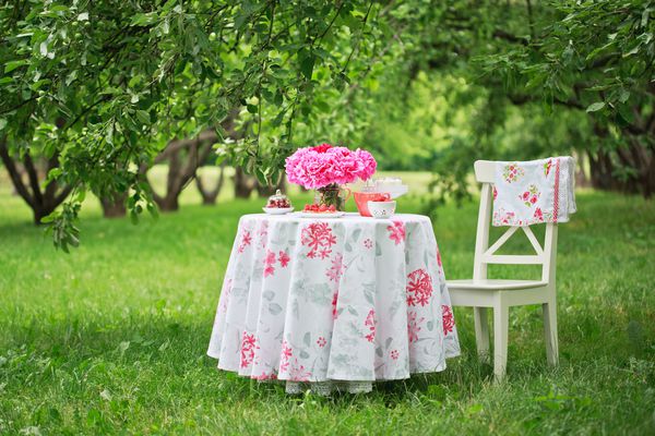 میز پیک نیک با دسته گل زیبا از گل صد تومانی بر روی آن و صندلی در پارک زیبا