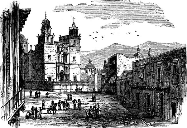 کلیسای جامع در حکاکی پرنعمت Guanajuato تصویر حکاکی شده قدیمی از ساختمان کلیسای جامع تاریخی در Guanajuato 1890 دائر encالمعارف شلوار 1886 1891