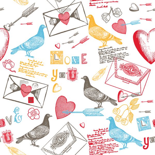 زمینه عشق با قلب کبوتران و حروف عاشقانه