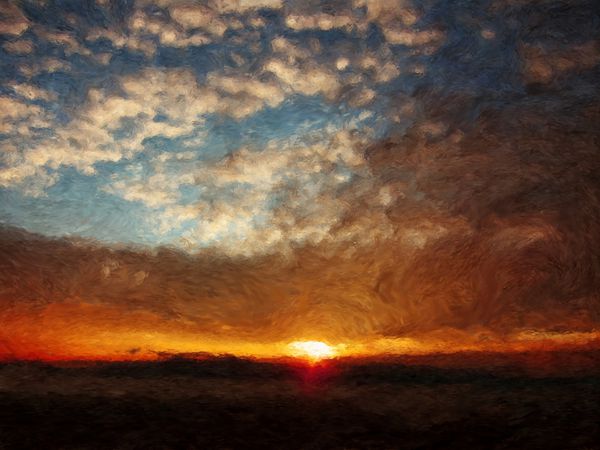 نقاشی به سبک امپرسیونیستی از ابرها و خورشید در سپیده دم