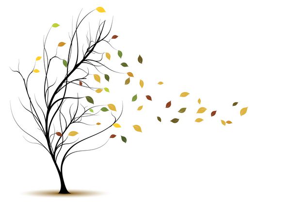 وکتور تزئینی شبح درخت درخت در پاییز با برگهای قهوه ای و باد
