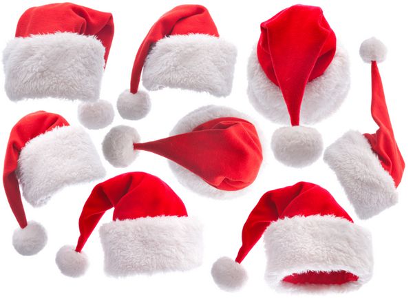 کلاه قرمز قرمز بابا نوئل را بر روی زمینه سفید تنظیم کنید