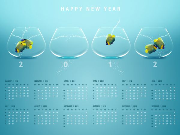 تقویم سال جدید 2012 با تصویر مفهومی از angelfish در fishbowl