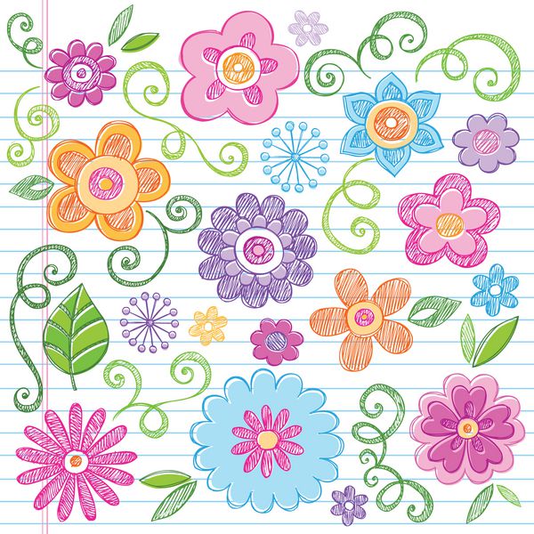 گل های رنگارنگ Doodles طراحی شده با دست برگشت به نوت بوک مدرسه عناصر طراحی برداری بر روی کاغذ طرح دار طرح بندی شده