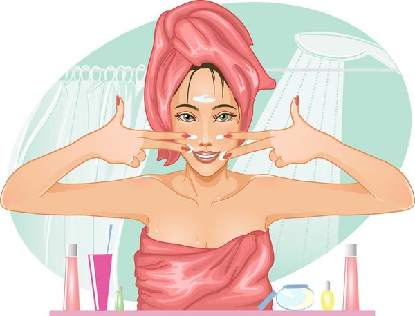 تصویر برداری از یک زن جوان زیبا که کرم را روی صورت خود در حمام می کند او شوخی می کند