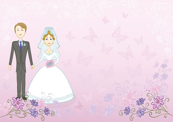 کارتون عروسی عروس و داماد روی یک پس زمینه صورتی با گل و پروانه نمادین