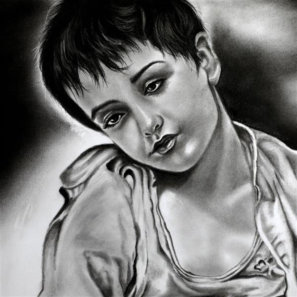کودک غمگین اثر نقاشی سیاه قلم
