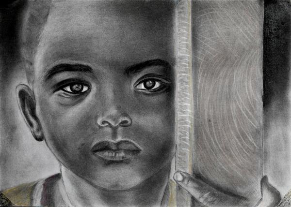 نقاشی سیاه و سفید کودک خردسال فقیر