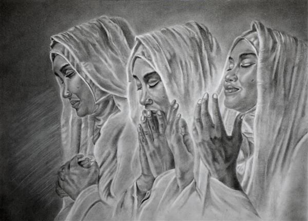 نیایش نقاشی عبادت سه زن سیاه و سفید
