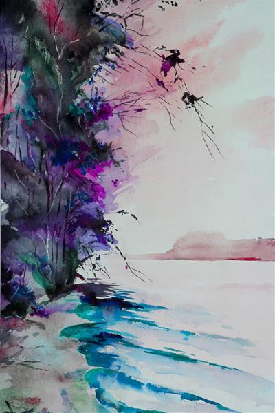 درخت و ساحل نقاشی آبرنگ بنفش